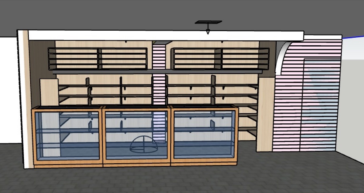 Render 3D del mismo mostrador y estantería antes de fabricarse